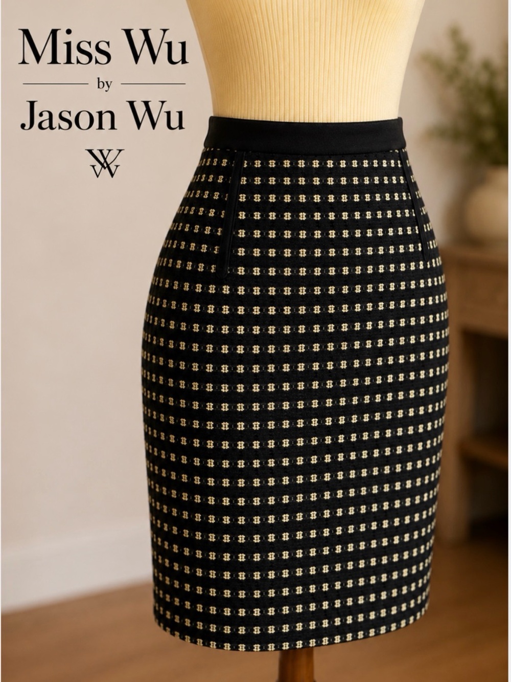 Miss Wu by Jason Wu Textured Tweed Pencil Skirt | Black & Pale Yellow | Size 6